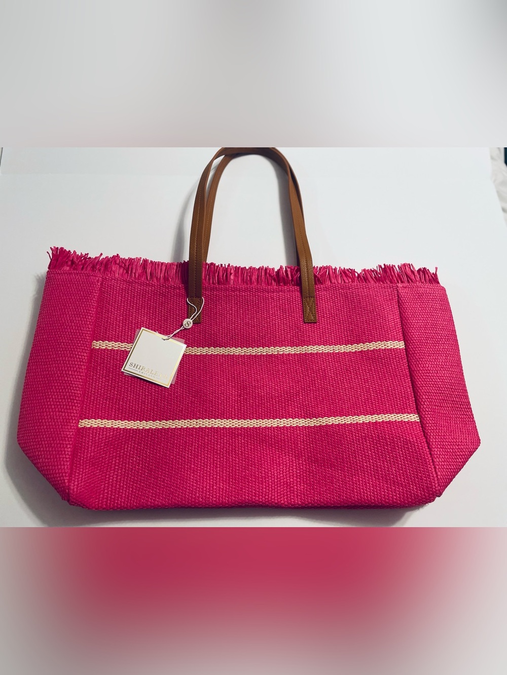 Resortwear Vacation Boho Shiraleah Hot Pink Woven Beach Tote with Brown Handles